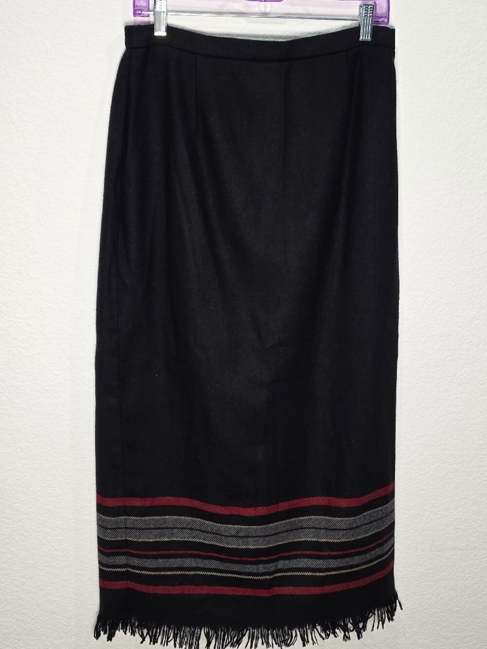 Vintage Requirements Black Wool Blend Midi Maxi Skirt Striped Fringe 12